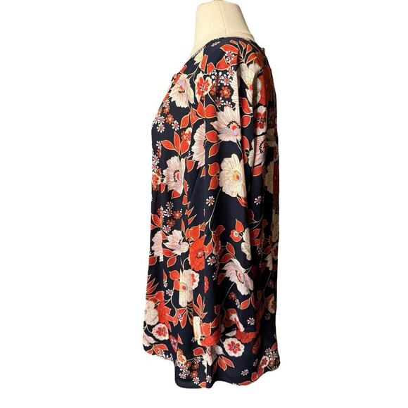 Daniel Rainn New Floral Peasant Blouse Size 2X Roll Tab Sleeves V Neck Navy Blue - Picture 3 of 7
